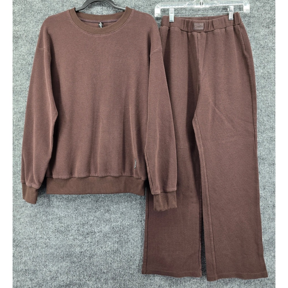 Comfrt Waffle Knit Lounge Set Women S Truffle Sweatshirt and Wide Leg Pant Brown